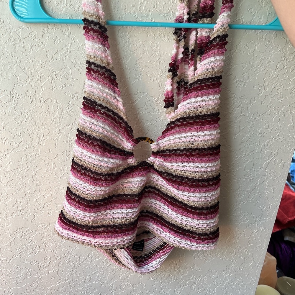 Striped backless knit top.
